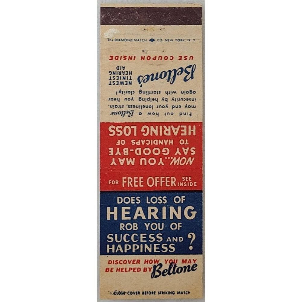 Matchbook Cover Beltone Hearing Aid Advertising NY New York  Red White Blue